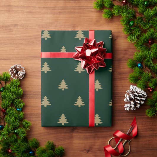 Papier Cadeau Arbres de Noël or et motif vert pin foncé (Cadeau de vacances)