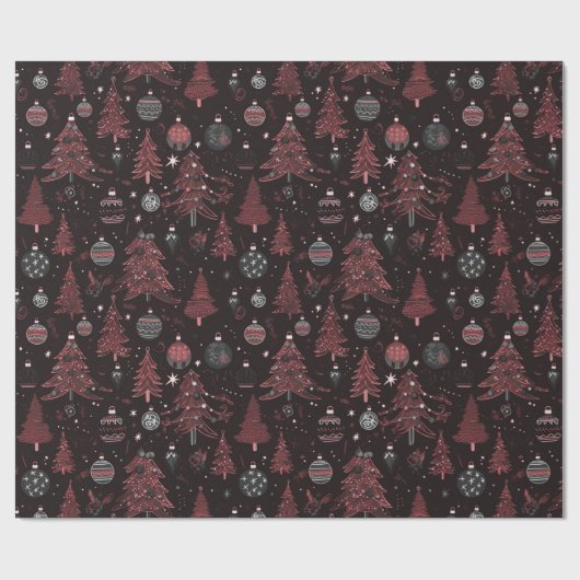 Papier Cadeau Arbres de Noël Ornements Noir Noël (Plat)