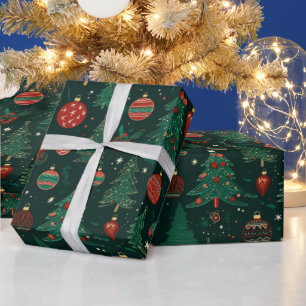 Papier Cadeau Arbres de Noël Ornements Vert foncé Noël