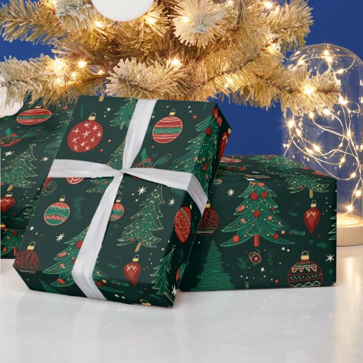 Papier Cadeau Arbres de Noël Ornements Vert foncé Noël (Vacances)