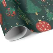 Papier Cadeau Arbres de Noël Ornements Vert foncé Noël (Coin rond)