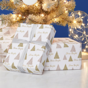 Papier Cadeau Arbres de Noël Pailletés d'Or Rose