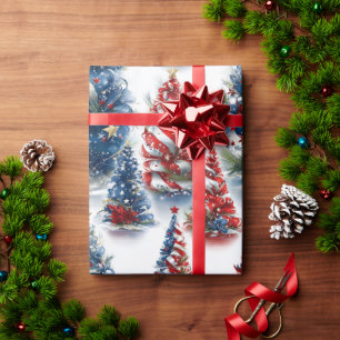 Papier Cadeau Arbres de Noël Patriotique Ruban