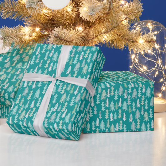 Papier Cadeau Arbres de Noël peints à la main Aqua Blanc Bleu Sa (Vacances)