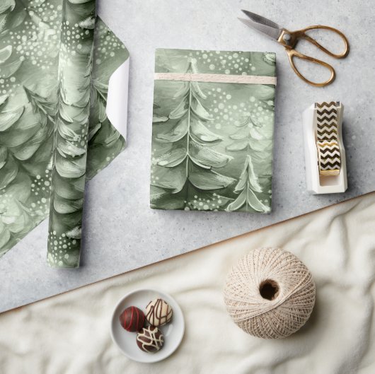 Papier Cadeau Arbres de Noël peints Green ID1008 (Artisanat)