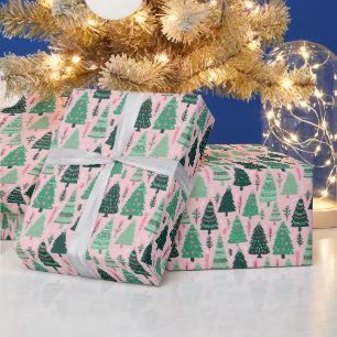 Papier Cadeau Arbres de Noël Pink & Green Preppy