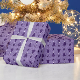 Papier Cadeau Arbres de Noël pourpres et rennes traditionnels