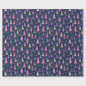 Papier Cadeau Arbres de Noël pourpres Snowflakes Bleu Noël (Plat)