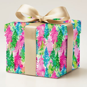 Papier Cadeau Arbres de Noël Préppy Aquarelle Colorés