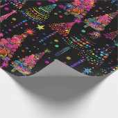 Papier Cadeau Arbres de Noël psychédéliques en noir (Coin)