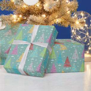 Papier Cadeau Arbres de Noël rétro Noël Turquoise
