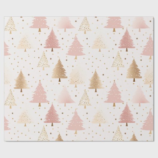 Papier Cadeau Arbres de Noël rose et or doux (Plat)