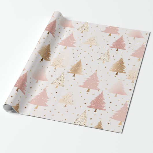 Papier Cadeau Arbres de Noël rose et or doux (Déroulé)