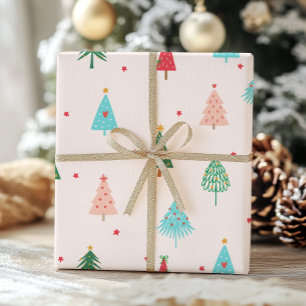 Papier Cadeau Arbres de Noël Rose Pastel Fêtes Fantaisistes