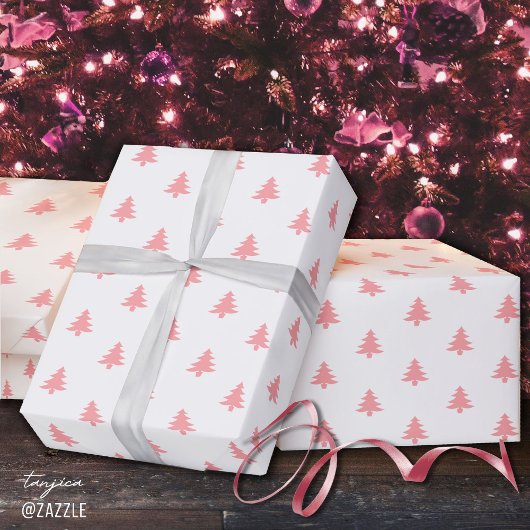 Papier Cadeau Arbres de Noël rose simple et moderne sur blanc