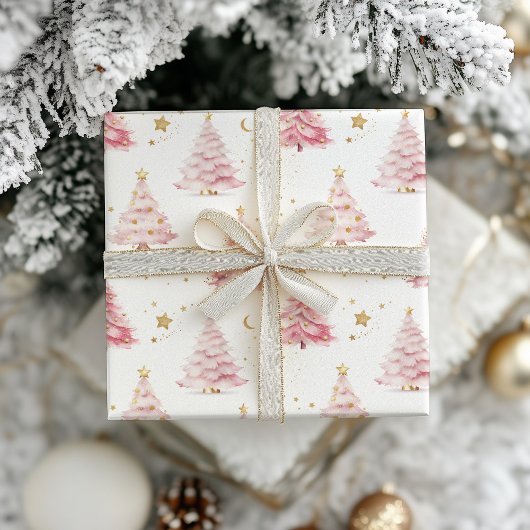 Papier Cadeau Arbres de Noël roses