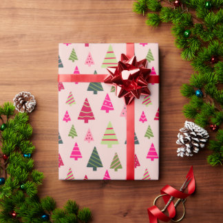 Papier Cadeau Arbres de Noël roses et verts