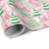 Papier Cadeau Arbres de Noël roses et verts (Coin rond)