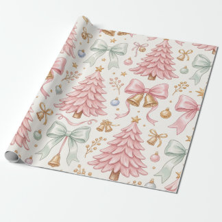 Papier Cadeau Arbres de Noël roses Rubans de satin & Cloches dor