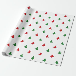 Papier Cadeau Arbres de Noël rouge blanc et vert motif mignon