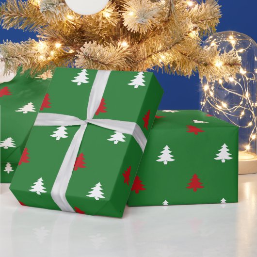 Papier Cadeau Arbres de Noël rouge blanc vert motif mignon (Vacances)