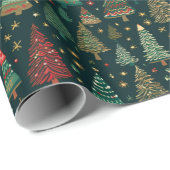 Papier Cadeau Arbres de Noël Rouge Vert Blanc Noir Noël (Coin rond)