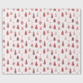 Papier Cadeau Arbres de Noël rouges blancs et roses (Plat)