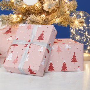 Papier Cadeau Arbres de Noël rouges et roses sur un Arrière - pl