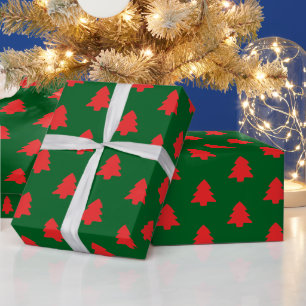 Papier Cadeau Arbres de Noël rouges simples sur fond vert foncé