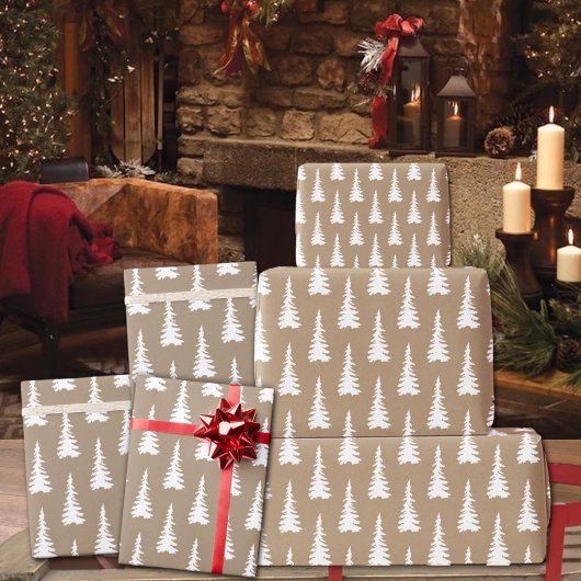 Papier Cadeau Arbres de Noël rustiques en bois blanc Kraft