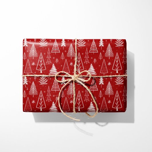 Papier Cadeau Arbres de Noël rustiques rouges et blancs