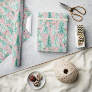 Papier Cadeau Arbres de Noël sarcelle fantaisistes sur rose