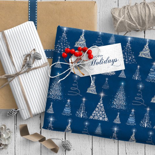 Papier Cadeau Arbres de Noël scintillants Motif Bleu ID844