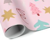 Papier Cadeau Arbres de Noël Stars Vacances rose (Coin rond)
