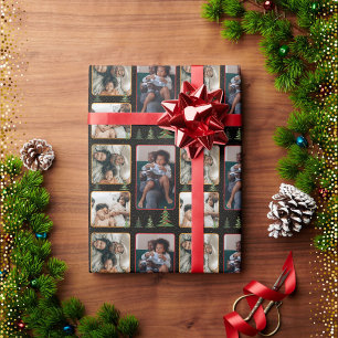 Papier Cadeau Arbres de Noël sur collage photo noir étoilé