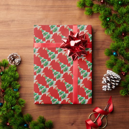 Papier Cadeau Arbres de Noël sur Parties scintillant rouges (Cadeau de vacances)