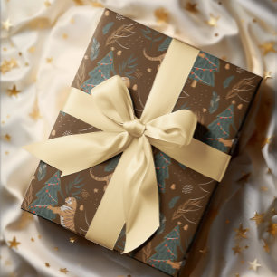Papier Cadeau Arbres de Noël & tigres motif brun arrière - plan
