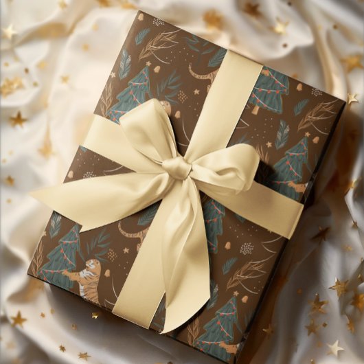 Papier Cadeau Arbres de Noël & tigres motif brun arrière - plan