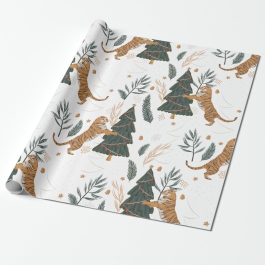 Papier Cadeau Arbres de Noël & tigres motif personnalisé arrière (Déroulé)