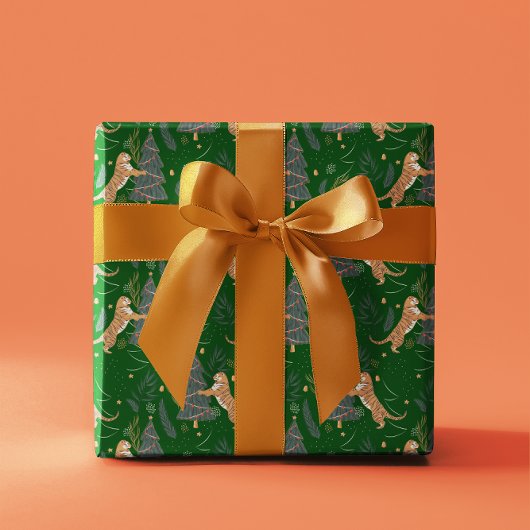 Papier Cadeau Arbres de Noël & tigres motif vert arrière - plan