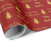 Papier Cadeau Arbres de Noël traditionnels en or rouge foncé (Coin rond)