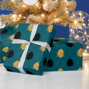 Papier Cadeau Arbres de Noël turquoises en or vert noir