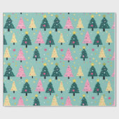 Papier Cadeau Arbres de Noël turquoises roses rétro (Plat)