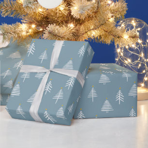 Papier Cadeau Arbres de Noël Vacances Élégant bleu moderne blanc