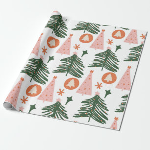 Papier Cadeau Arbres de Noël Vert Rose Orange Bohème