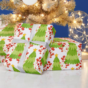 Papier Cadeau Arbres de Noël verts et baies rouges