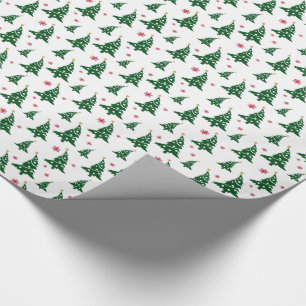 Papier Cadeau Arbres de Noël verts et motif rouge de flocons de