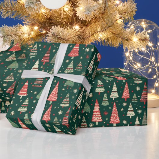 Papier Cadeau Arbres de Noël verts Flammes de neige Noël vert (Vacances)