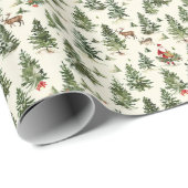 Papier Cadeau Arbres de Noël verts, Père Noël & Rennes (Coin rond)