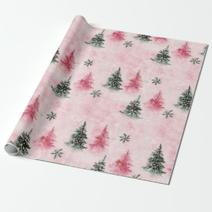 Papier Cadeau Arbres de Noël verts roses